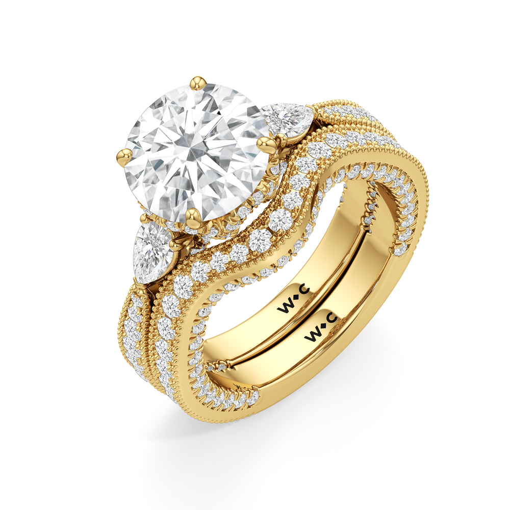 The Chrysler Pear Three Stone Diamond Wedding Band with 18KT Yellow Gold Cut Diamond in 14KT Yellow Gold view 5
