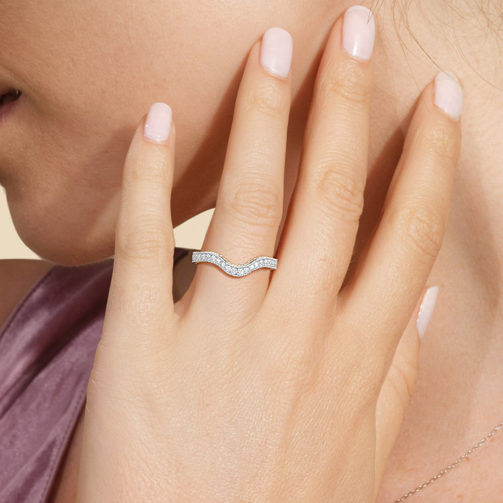 Model Wearing The Chrysler Pear Three Stone Diamond Wedding Band view