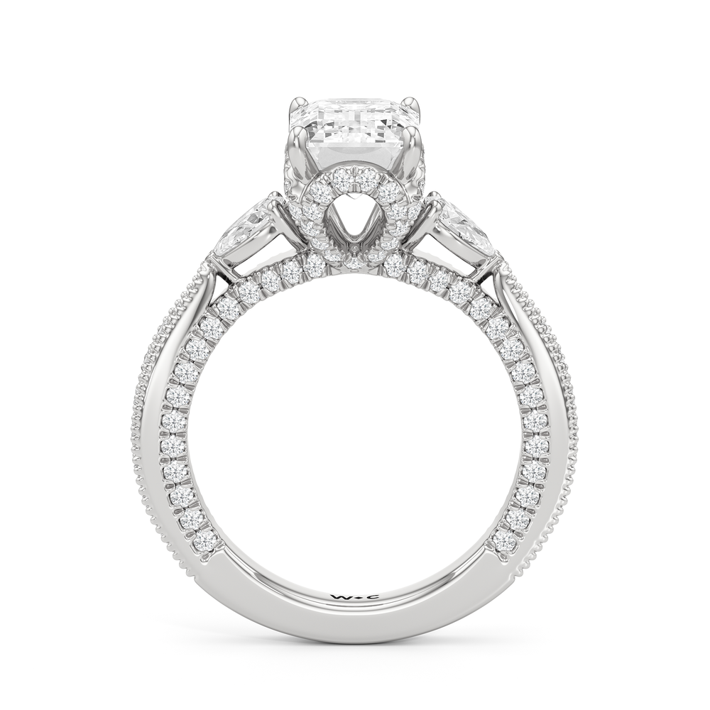 The Chrysler Pear Three Stone Ring with Emerald Cut Diamond in 14KT Platinum view 2
