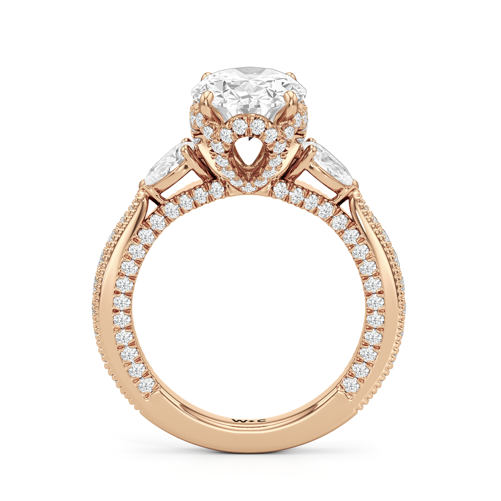 The Chrysler Pear Three Stone Ring with Oval Cut Diamond in 14KT Rose Gold view 2
