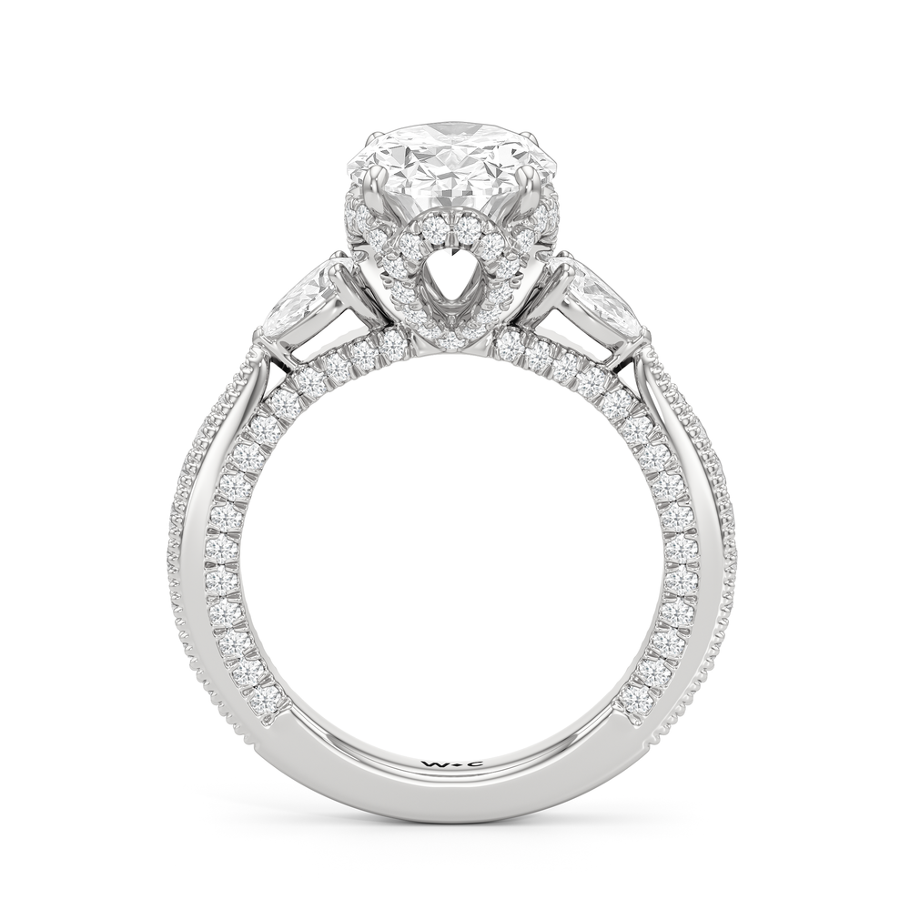 The Chrysler Pear Three Stone Ring with Oval Cut Diamond in 14KT Platinum view 2
