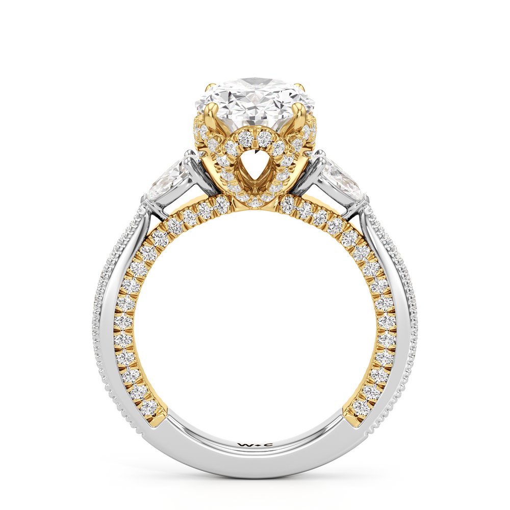 The Chrysler Pear Three Stone Ring with Oval Cut Diamond in 14KT White & Yellow Gold view 2
