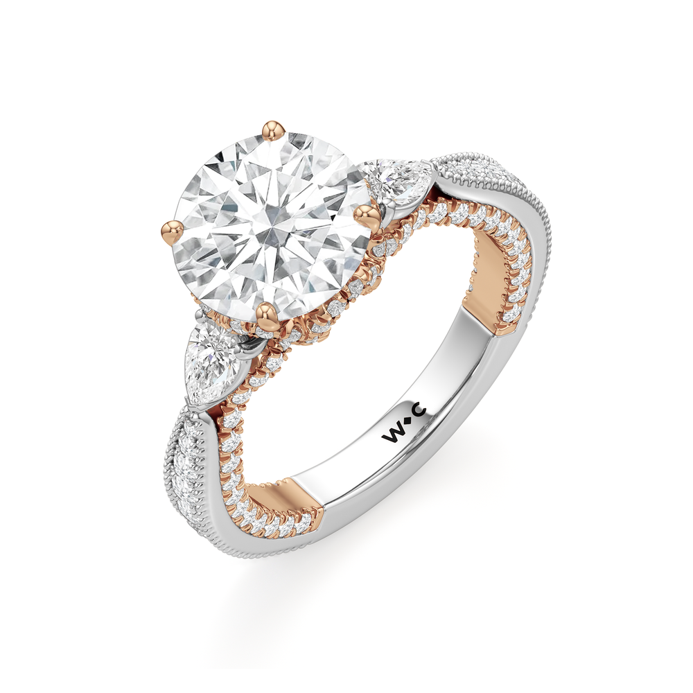 The Chrysler Pear Three Stone Ring with Round Cut Diamond in 14KT White & Rose Gold view 2
