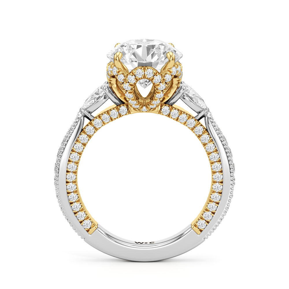 The Chrysler Pear Three Stone Ring with Round Cut Diamond in 14KT White & Yellow Gold view 2
