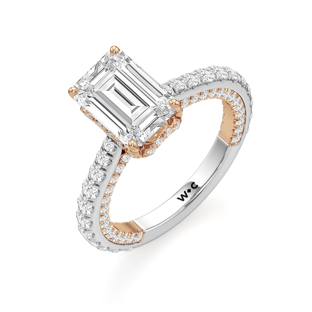 The Chrysler Pavé Ring with Emerald Cut Diamond in 14KT White & Rose Gold view 3
