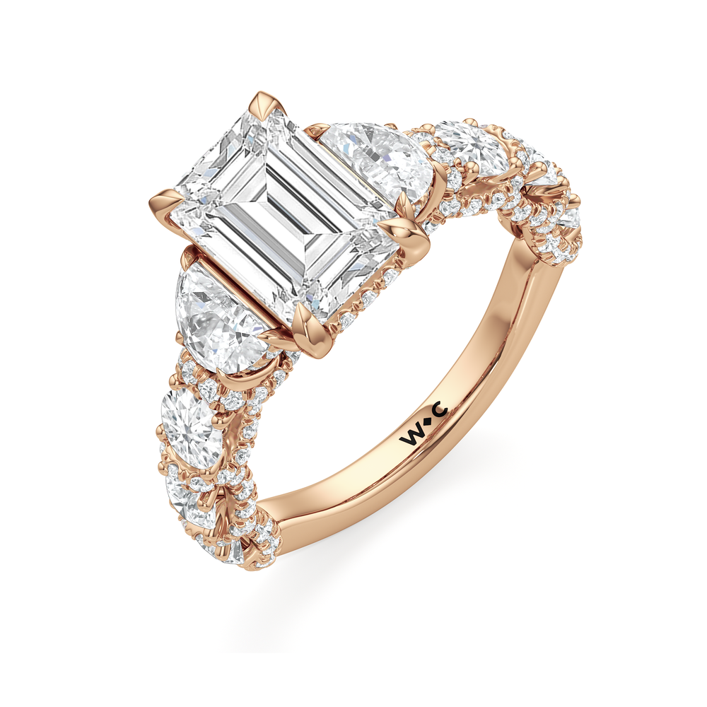 The Fulton Three Stone Half Moon Ring with Emerald Cut Diamond in 14KT Rose Gold view 3
