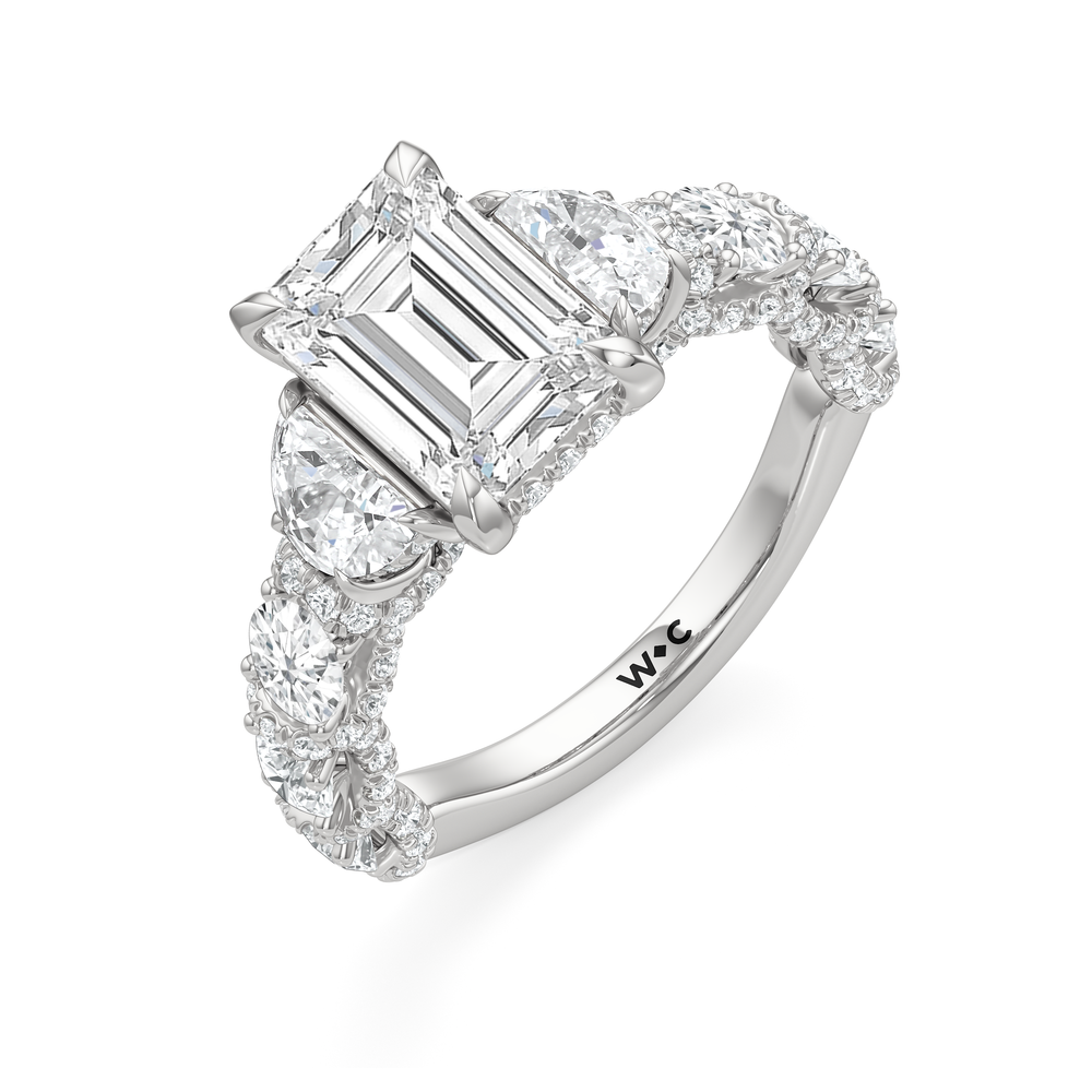 The Fulton Three Stone Half Moon Ring with Emerald Cut Diamond in 14KT Platinum view 3
