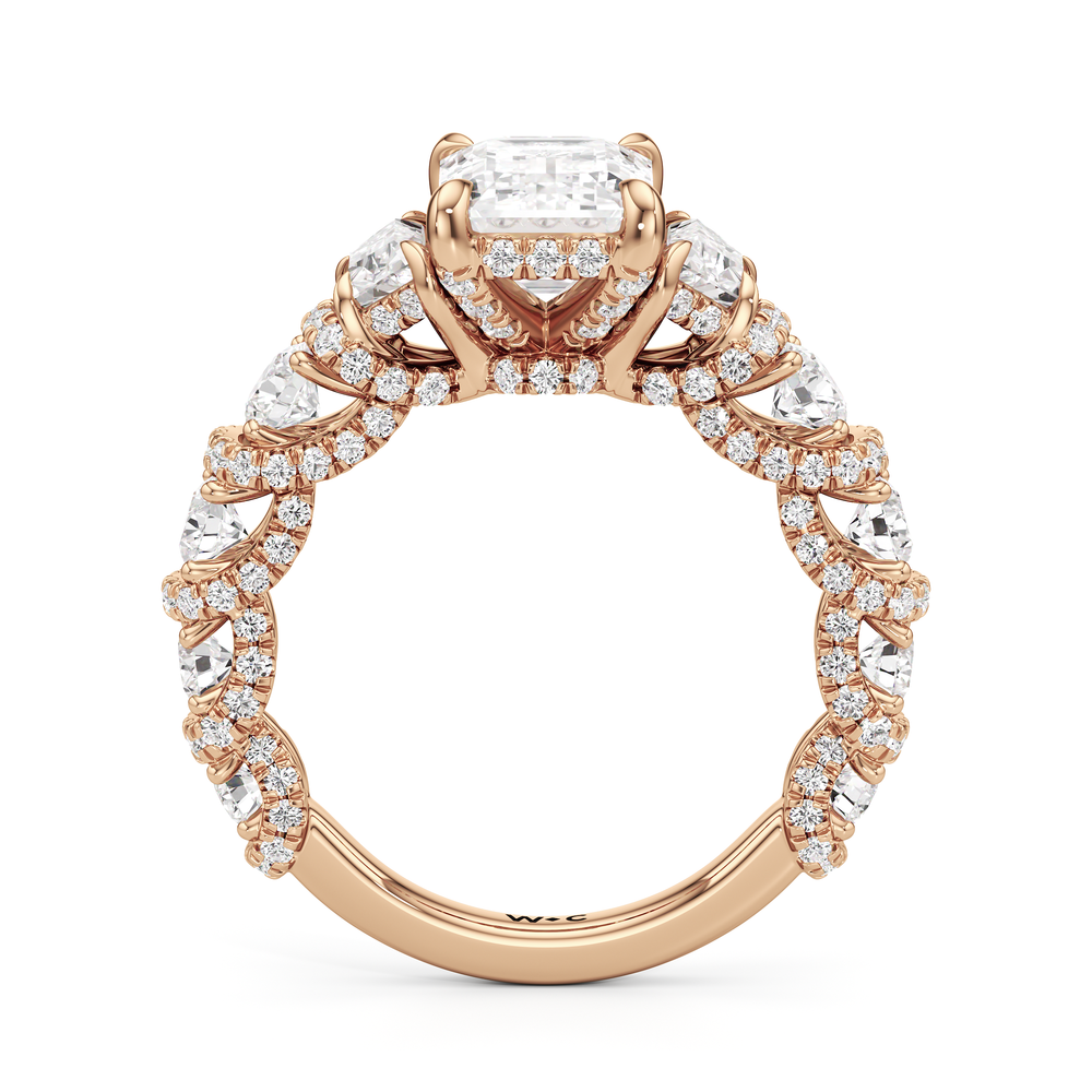 The Fulton Three Stone Trapezoid Ring with Emerald Cut Diamond in 14KT Rose Gold view 2
