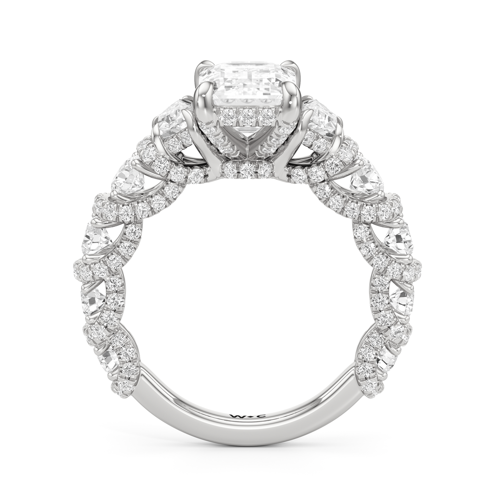 The Fulton Three Stone Trapezoid Ring with Emerald Cut Diamond in 14KT Platinum view 2
