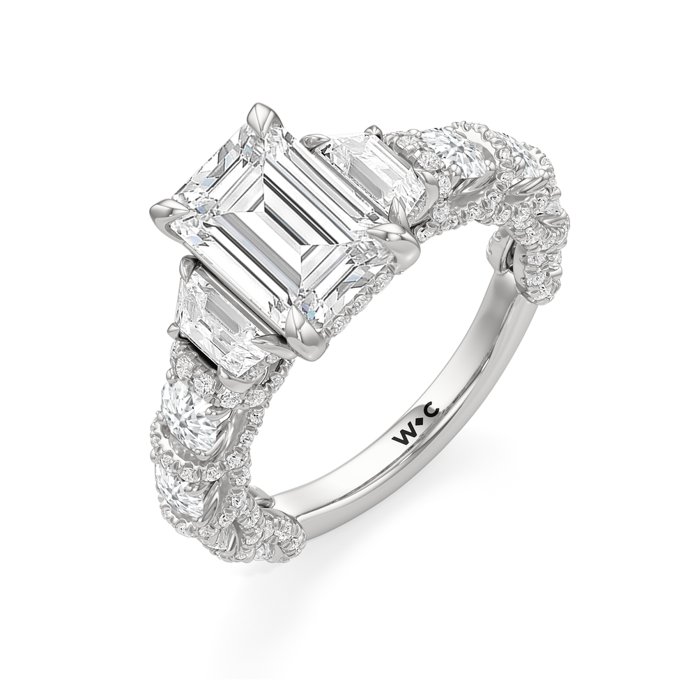 The Fulton Three Stone Trapezoid Ring with Emerald Cut Diamond in 14KT Platinum view 3
