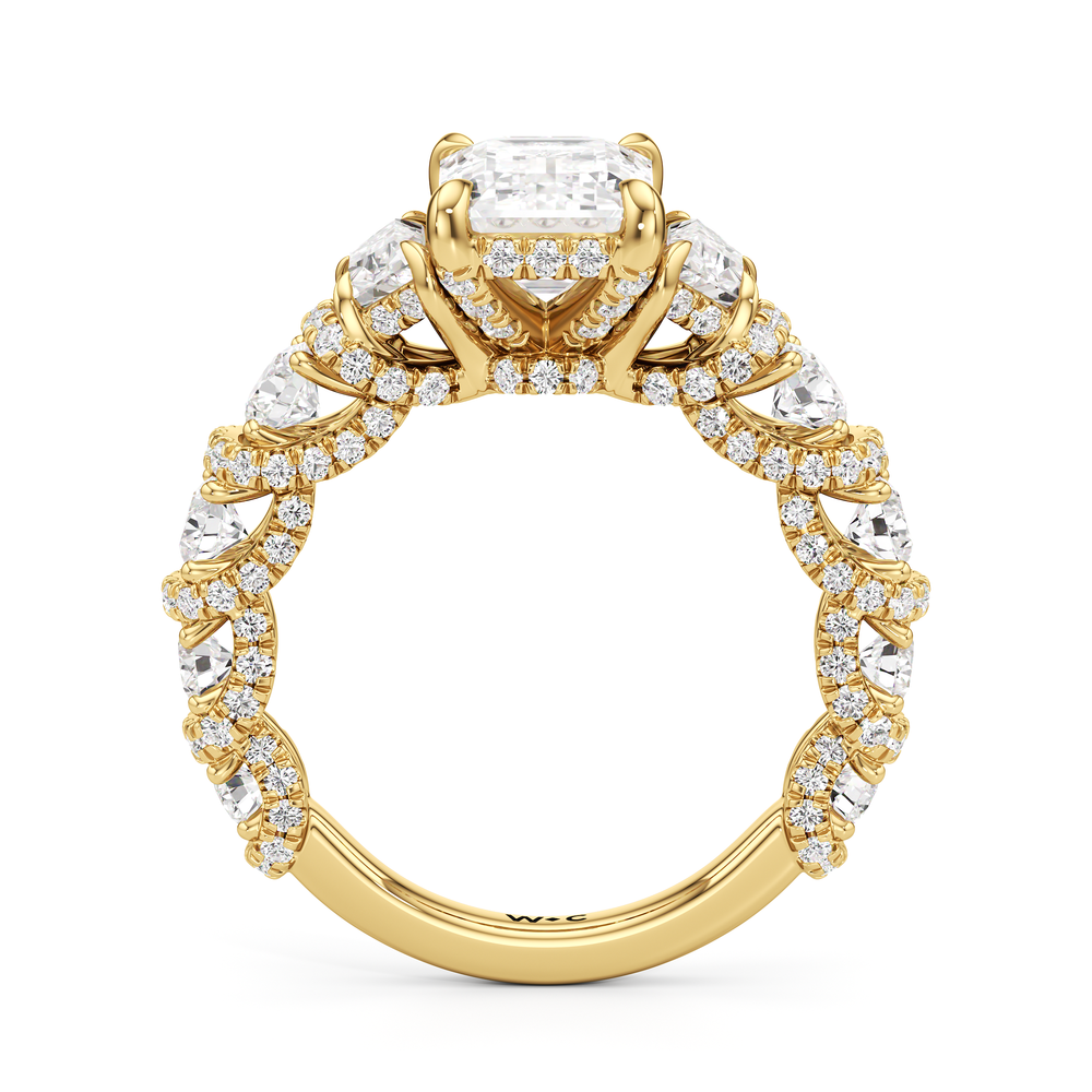 The Fulton Three Stone Trapezoid Ring with Emerald Cut Diamond in 14KT Yellow Gold view 2
