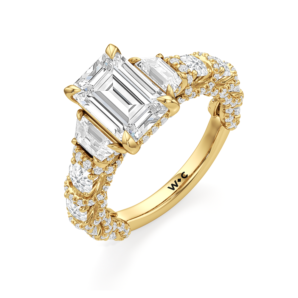 The Fulton Three Stone Trapezoid Ring with Emerald Cut Diamond in 14KT Yellow Gold view 3
