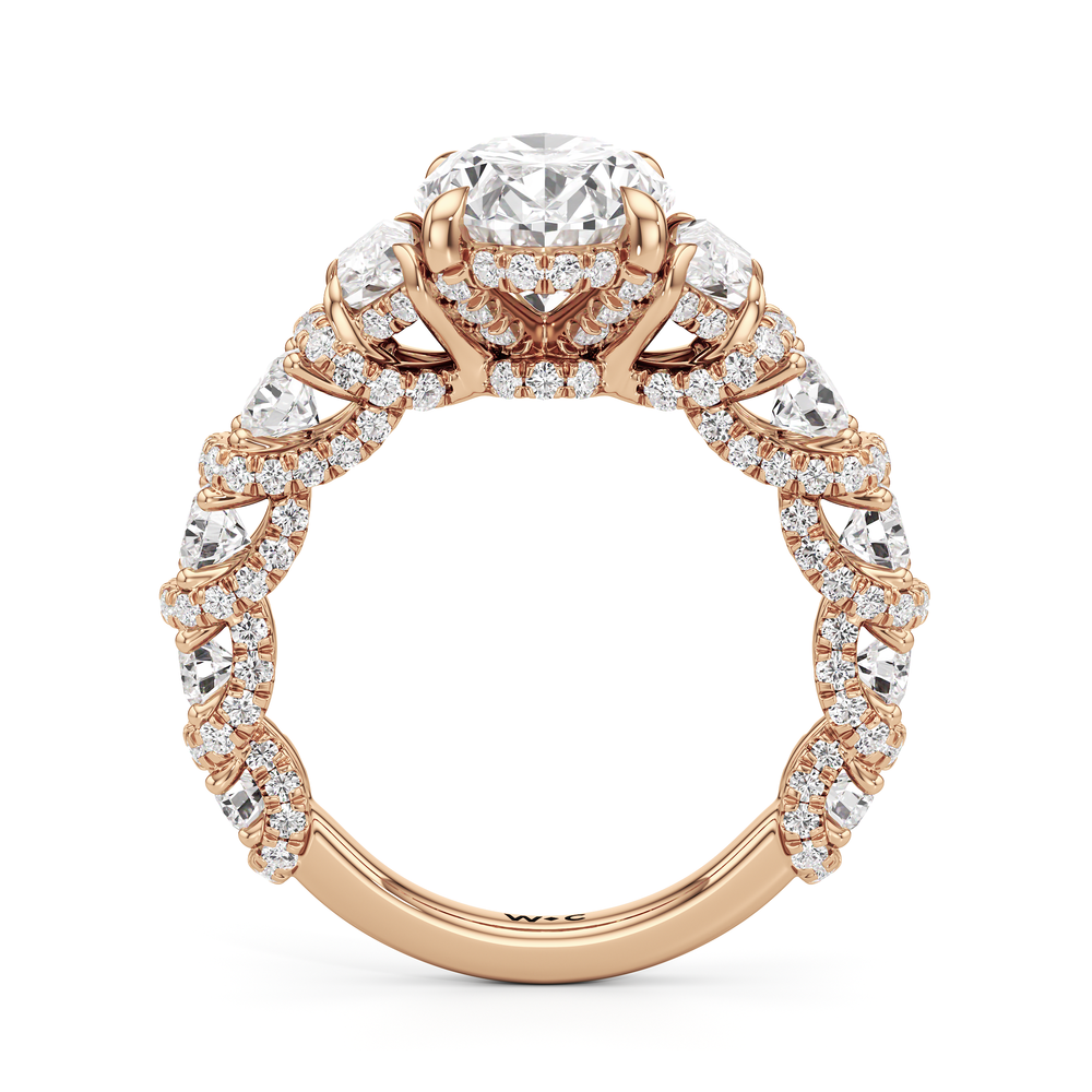 The Fulton Three Stone Trapezoid Ring with Oval Cut Diamond in 14KT Rose Gold view 2
