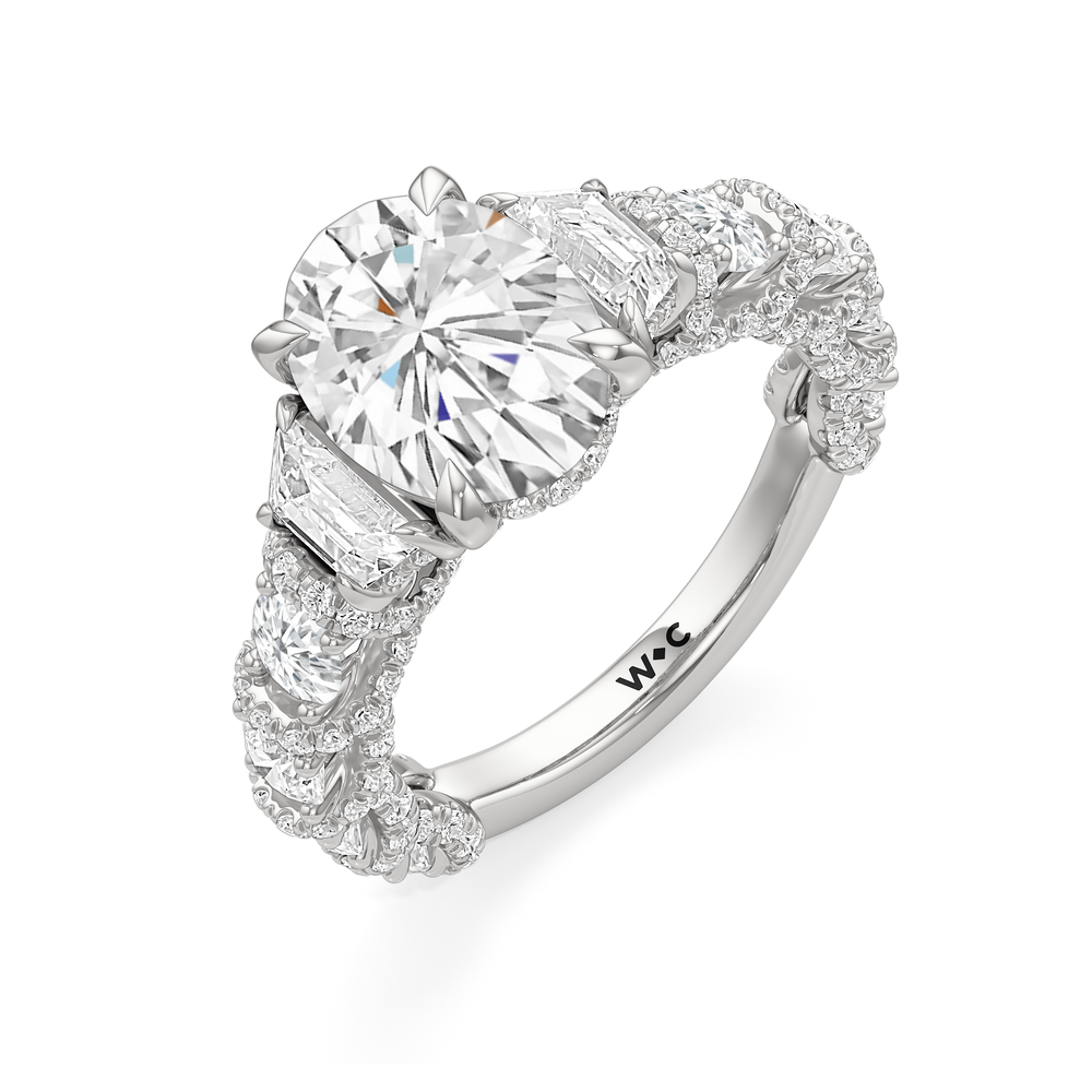 The Fulton Three Stone Trapezoid Ring with Oval Cut Diamond in 14KT Platinum view 3
