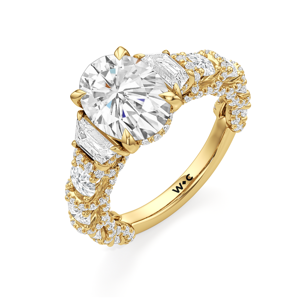 The Fulton Three Stone Trapezoid Ring with Oval Cut Diamond in 14KT Yellow Gold view 3
