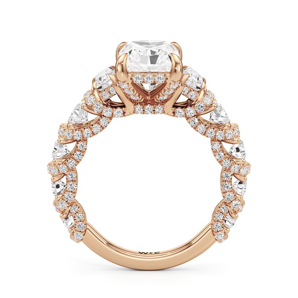 The Fulton Three Stone Trapezoid Ring with Radiant Cut Diamond in 14KT Rose Gold view 2
