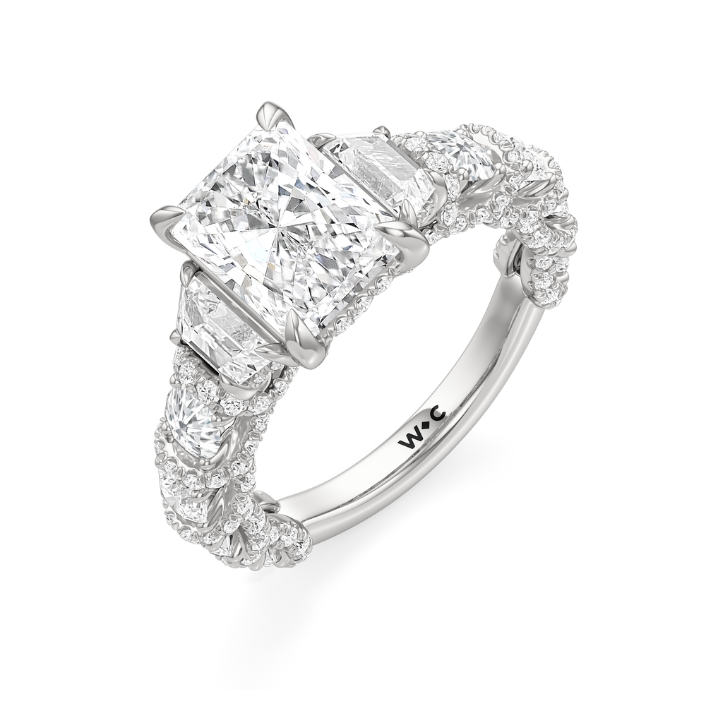 The Fulton Three Stone Trapezoid Ring with Radiant Cut Diamond in 14KT Platinum view 3
