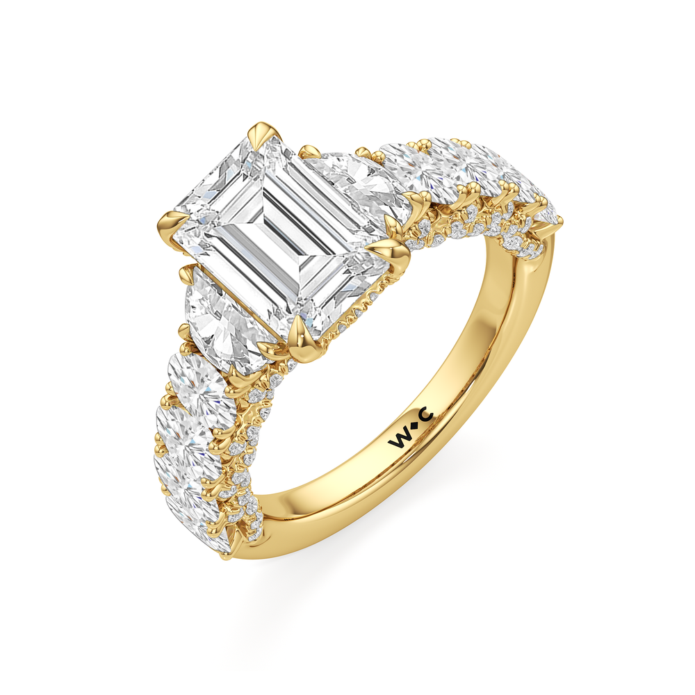 The Roosevelt Three Stone Ring with Emerald Cut Diamond in 14KT Yellow Gold view 4
