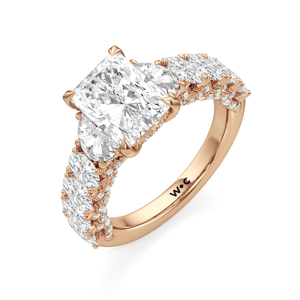 The Roosevelt Three Stone Ring with Radiant Cut Diamond in 14KT Rose Gold view 4
