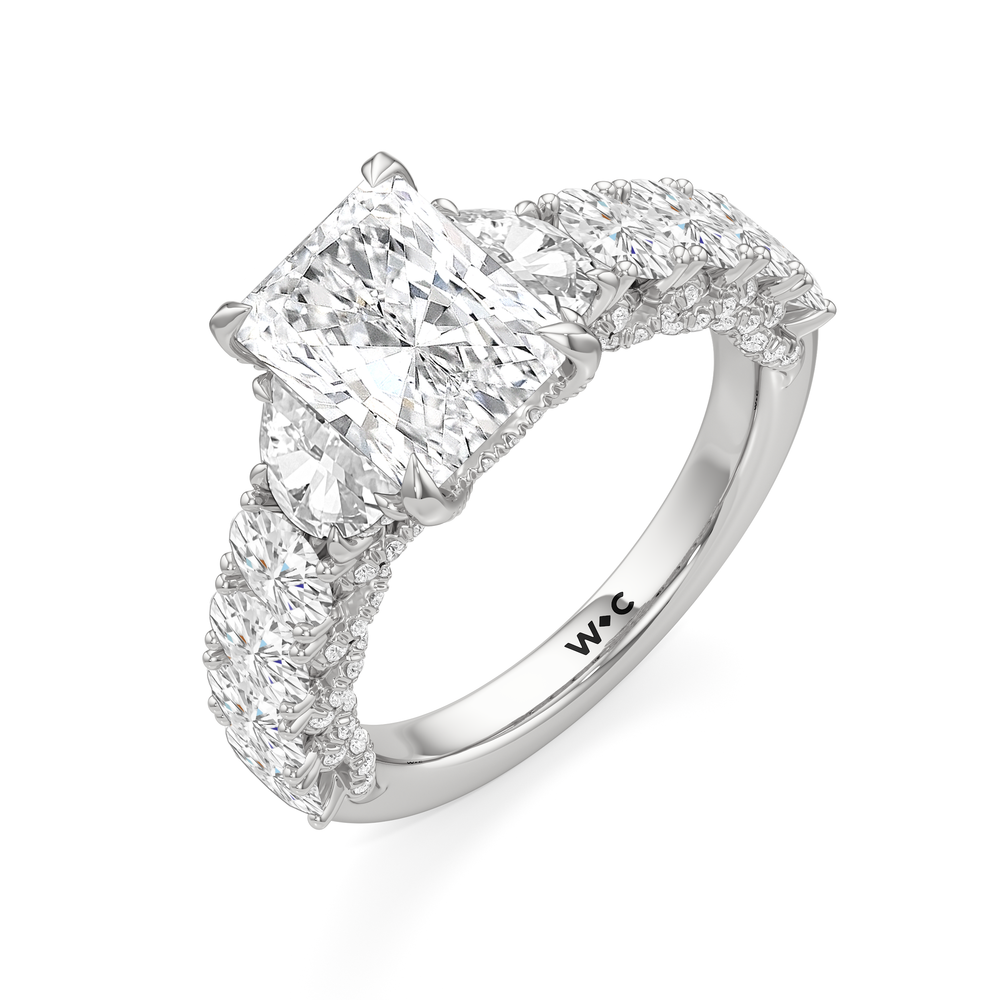 The Roosevelt Three Stone Ring with Radiant Cut Diamond in 14KT Platinum view 4
