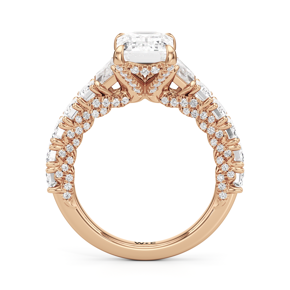 The Roosevelt Three Stone Trapezoid Ring with Emerald Cut Diamond in 14KT Rose Gold view 3
