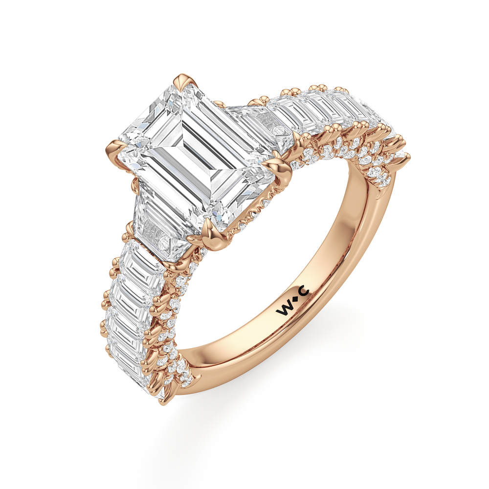 The Roosevelt Three Stone Trapezoid Ring with Emerald Cut Diamond in 14KT Rose Gold view 4
