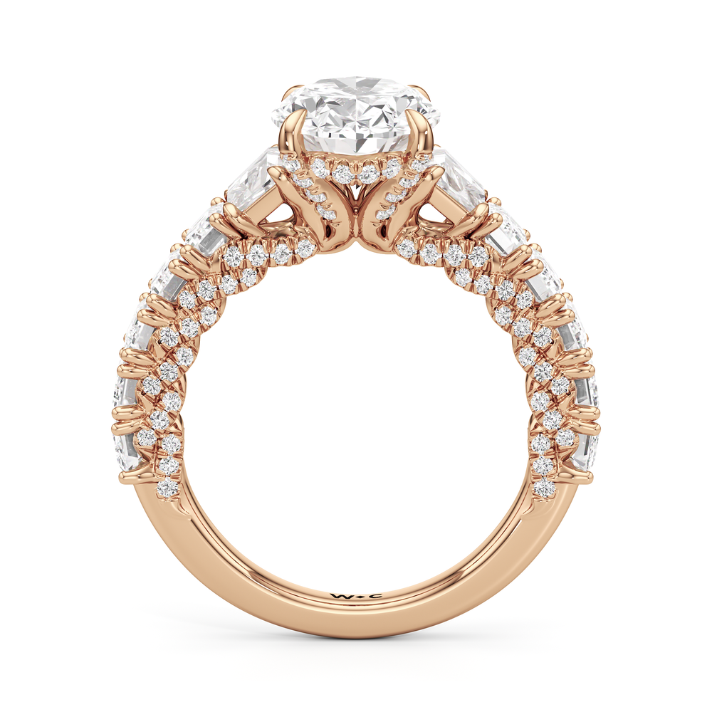 The Roosevelt Three Stone Trapezoid Ring with Oval Cut Diamond in 14KT Rose Gold view 3
