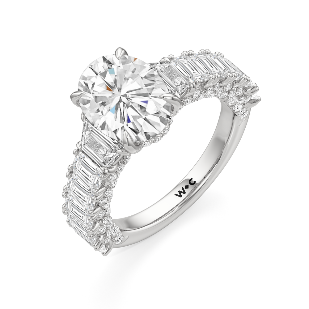 The Roosevelt Three Stone Trapezoid Ring with Oval Cut Diamond in 14KT Platinum view 4
