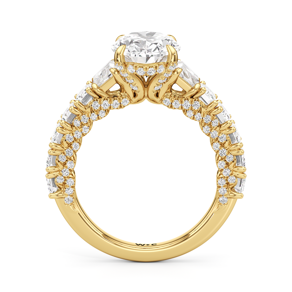 The Roosevelt Three Stone Trapezoid Ring with Oval Cut Diamond in 14KT Yellow Gold view 3
