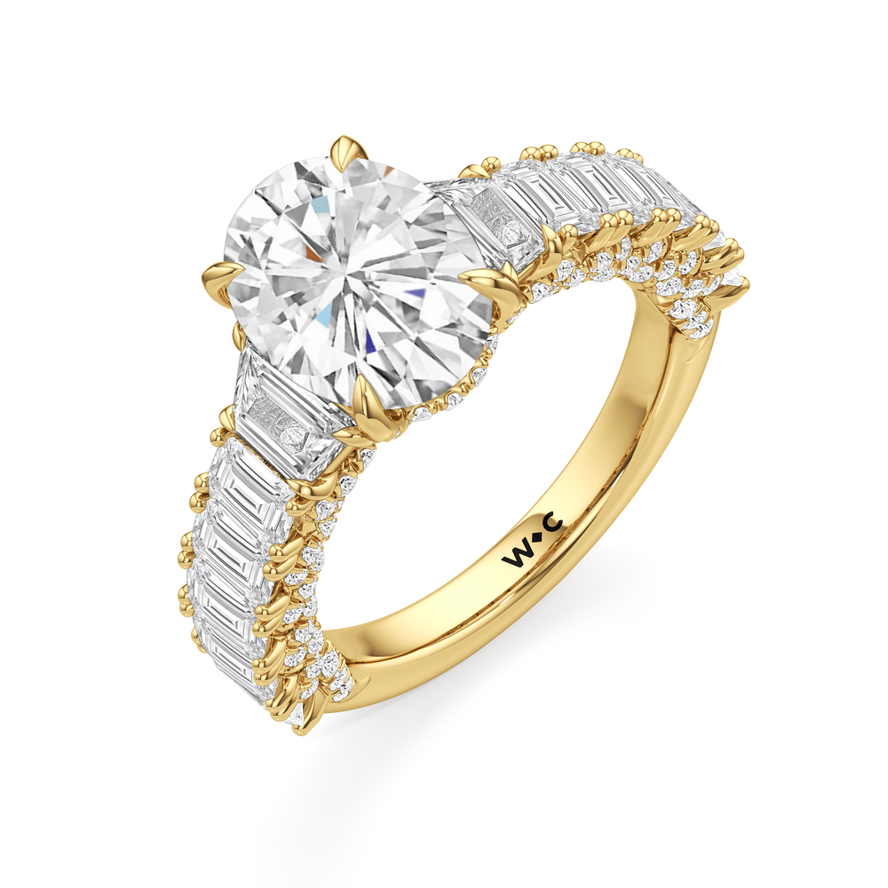 The Roosevelt Three Stone Trapezoid Ring with Oval Cut Diamond in 14KT Yellow Gold view 4
