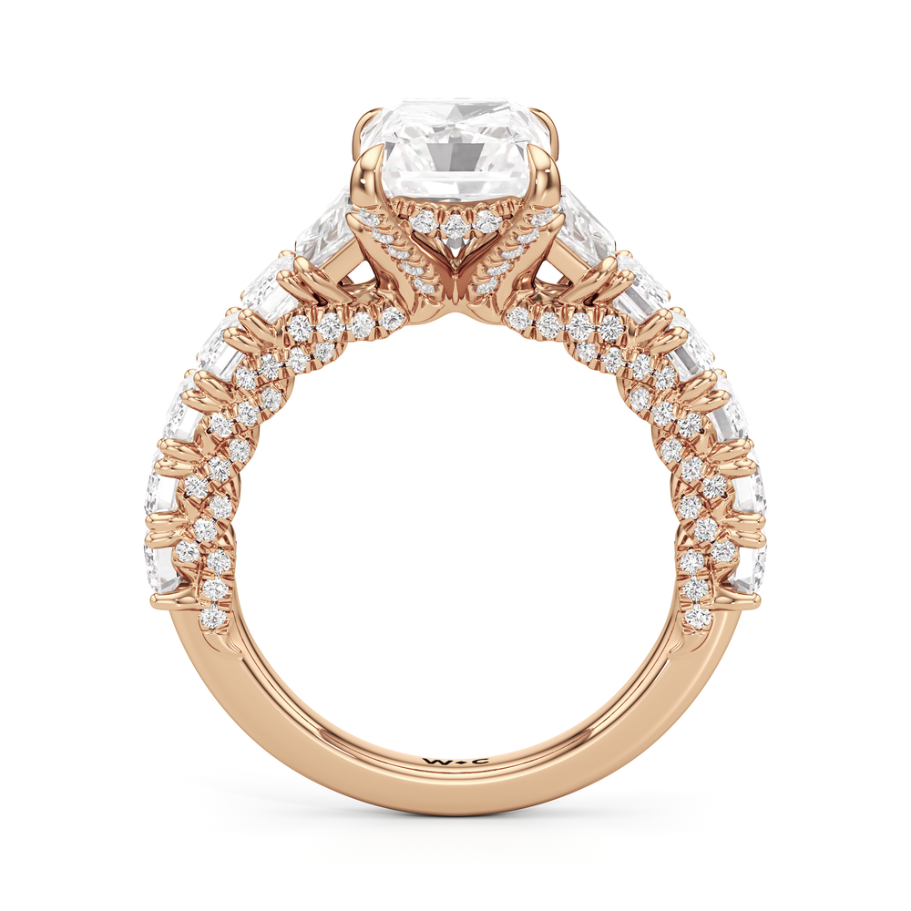 The Roosevelt Three Stone Trapezoid Ring with Radiant Cut Diamond in 14KT Rose Gold view 3

