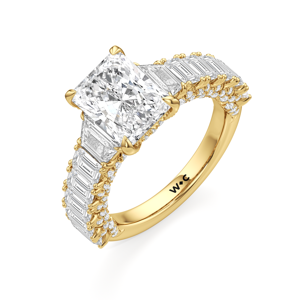 The Roosevelt Three Stone Trapezoid Ring with Radiant Cut Diamond in 14KT Yellow Gold view 4
