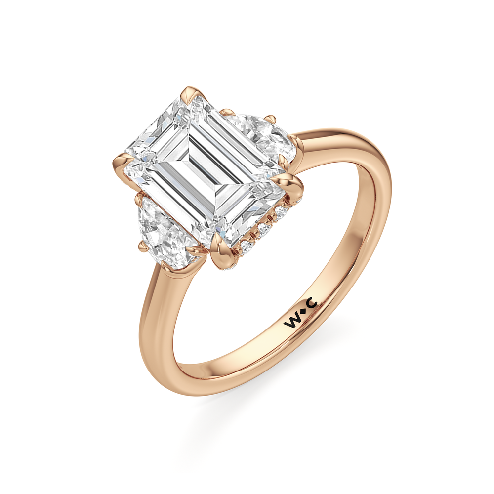 Elegance Half Moon Side Stone Engagement Ring with Emerald Cut Diamond in 14KT Rose Gold view 6

