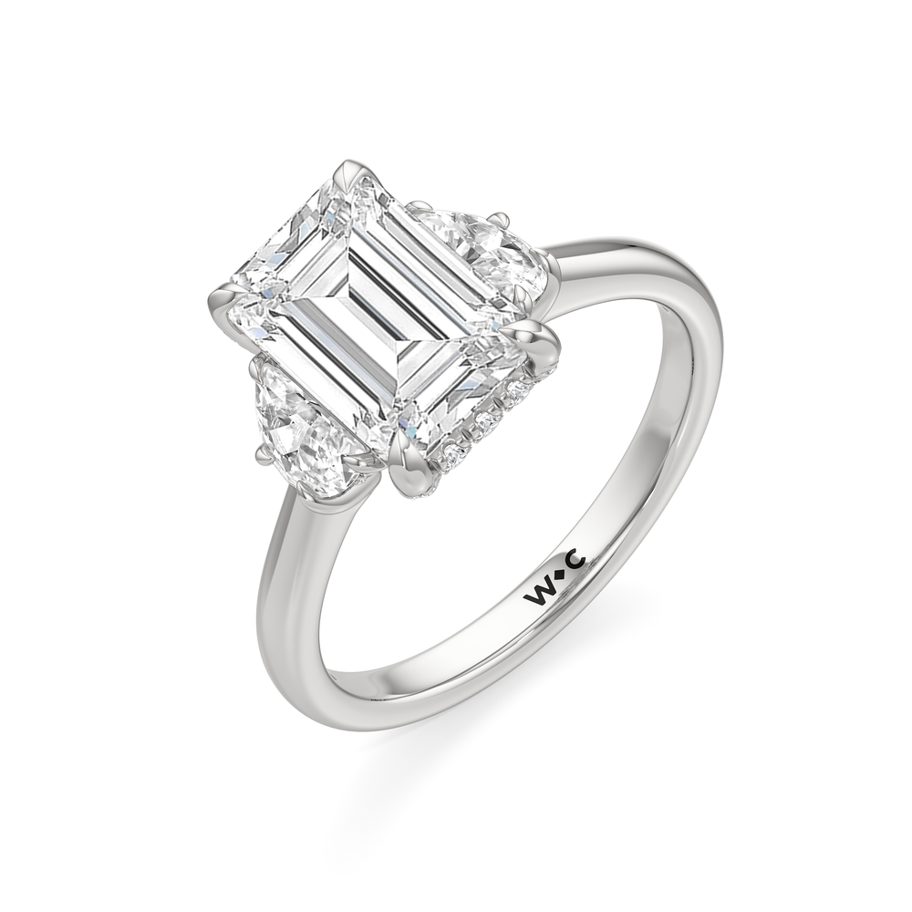 Elegance Half Moon Side Stone Engagement Ring with Emerald Cut Diamond in 14KT Platinum view 6
