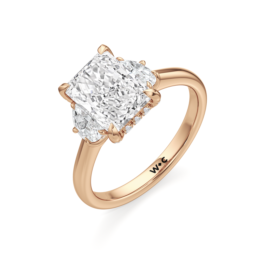 Elegance Half Moon Side Stone Engagement Ring with Radiant Cut Diamond in 14KT Rose Gold view 6
