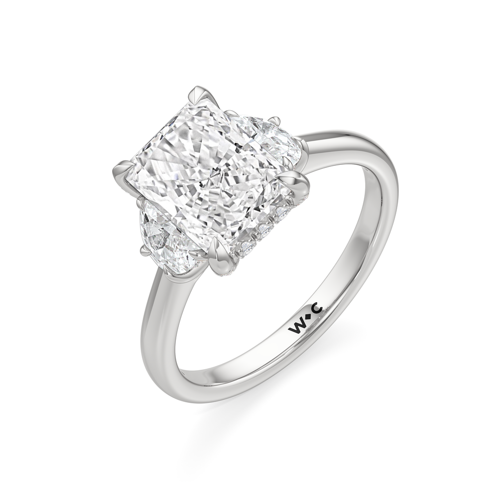 Elegance Half Moon Side Stone Engagement Ring with Radiant Cut Diamond in 14KT Platinum view 6
