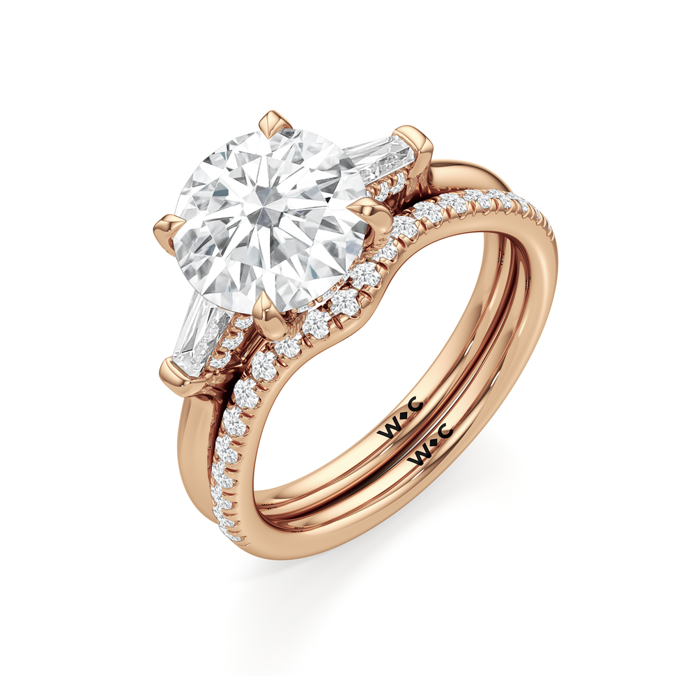 Elegance Baguette Three Stone Engagement Ring with Emerald Cut Diamond in 14KT Rose Gold view 7
