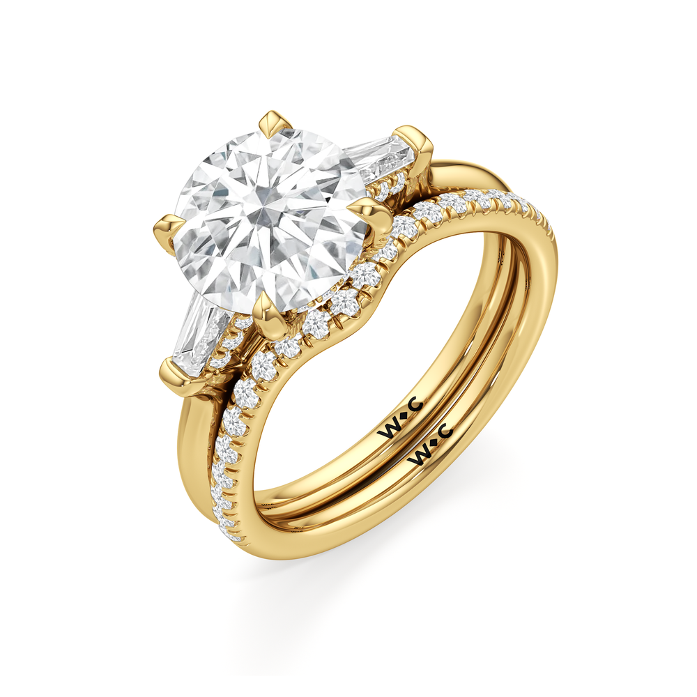 Elegance Baguette Three Stone Engagement Ring with Emerald Cut Diamond in 14KT Yellow Gold view 7
