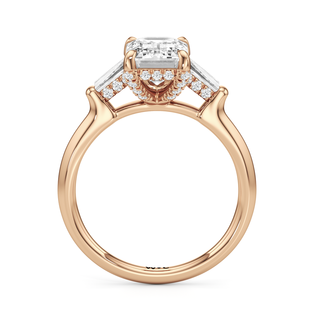 Elegance Baguette Three Stone Engagement Ring with Emerald Cut Diamond in 14KT Rose Gold view 5
