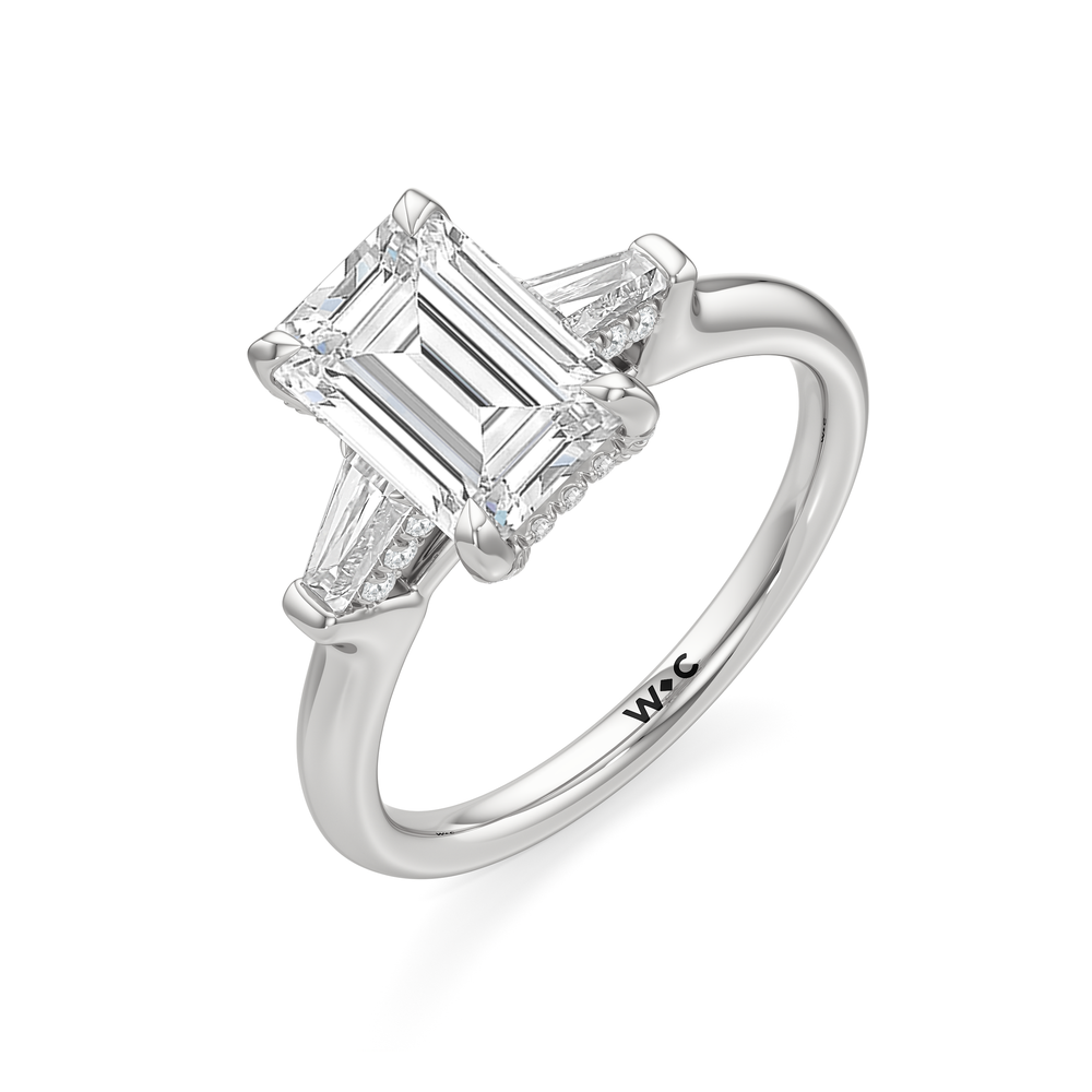 Elegance Baguette Three Stone Engagement Ring with Emerald Cut Diamond in 14KT Platinum view 6
