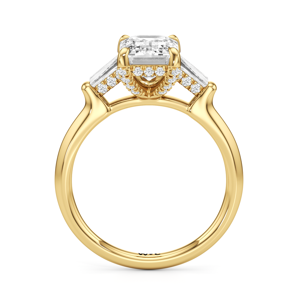 Elegance Baguette Three Stone Engagement Ring with Emerald Cut Diamond in 14KT Yellow Gold view 5
