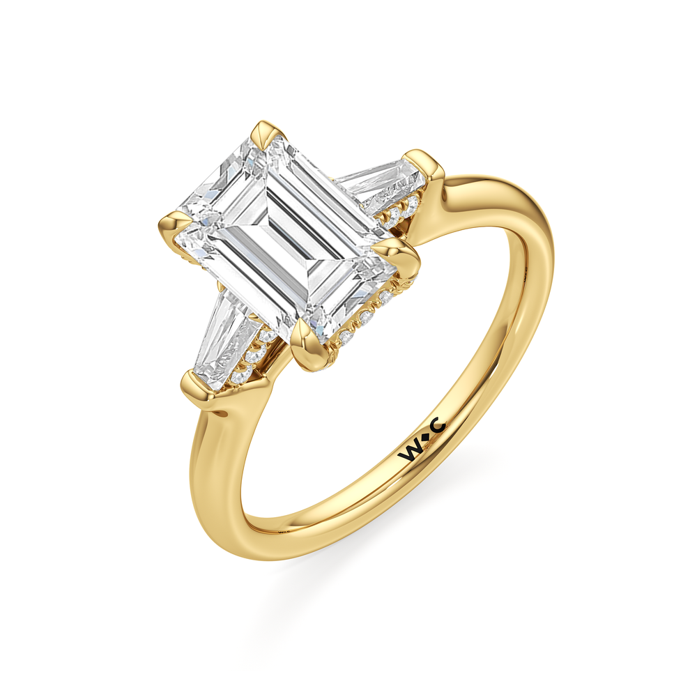 Elegance Baguette Three Stone Engagement Ring with Emerald Cut Diamond in 14KT Yellow Gold view 6
