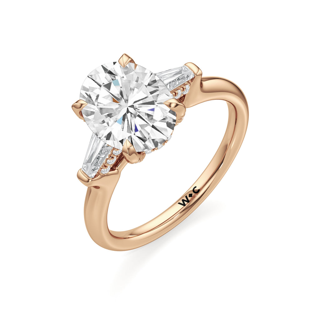 Elegance Baguette Three Stone Engagement Ring with Oval Cut Diamond in 14KT Rose Gold view 6
