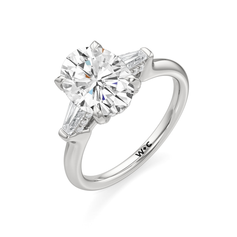 Elegance Baguette Three Stone Engagement Ring with Oval Cut Diamond in 14KT Platinum view 6
