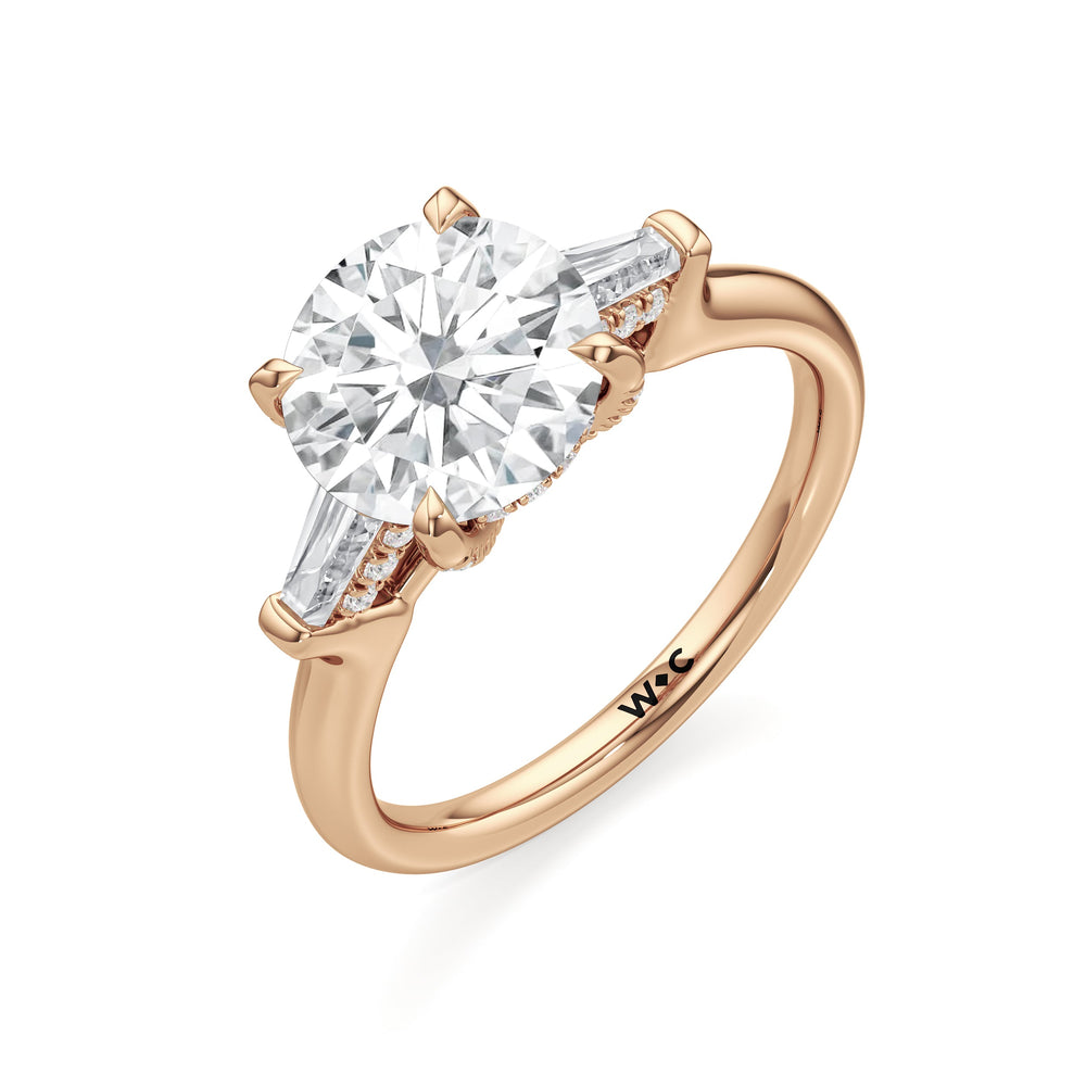 Elegance Baguette Three Stone Engagement Ring with Round Cut Diamond in 14KT Rose Gold view 6
