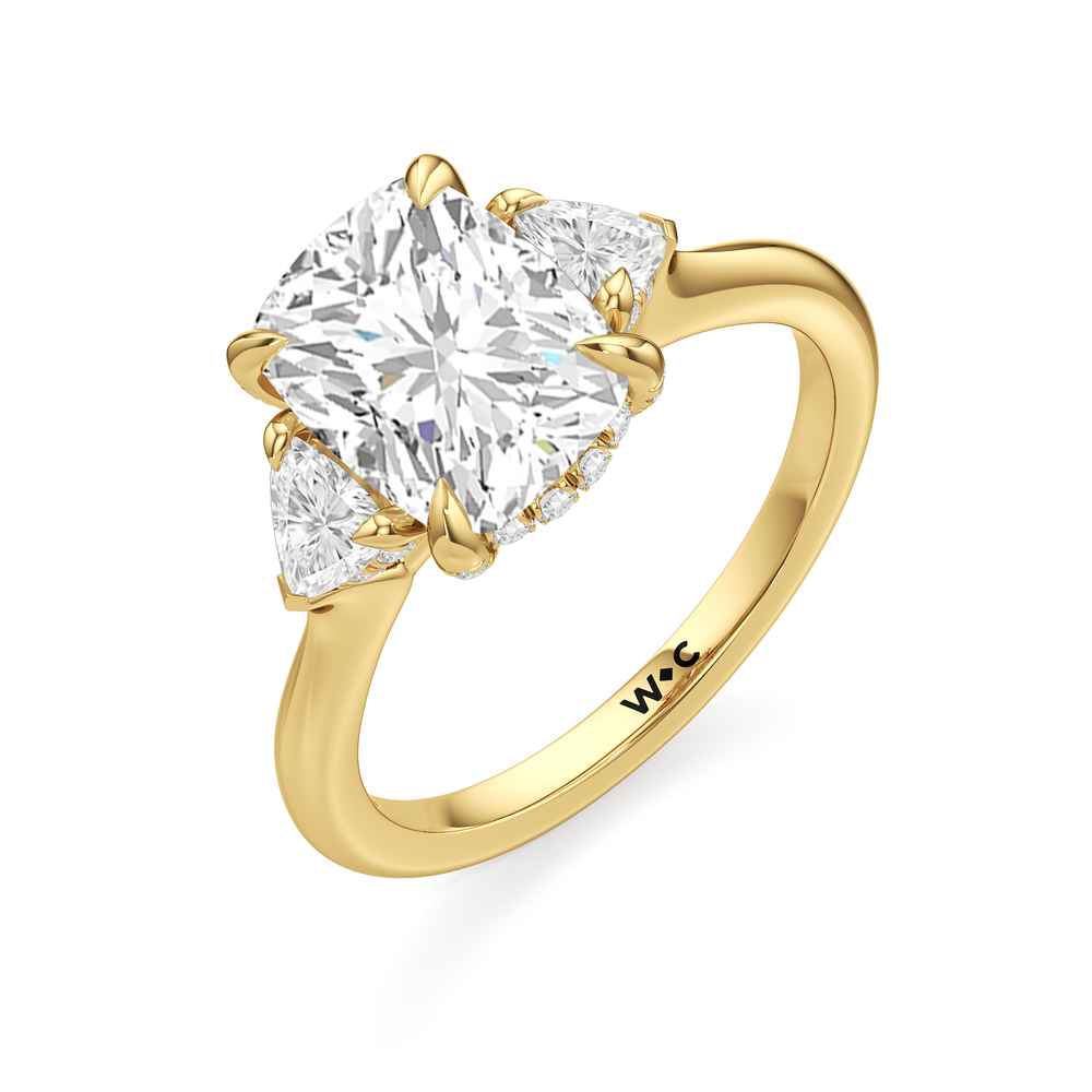 Elegance Trillion Side Stone Engagement Ring with Elongated Cushion Cut Diamond in 14KT Yellow Gold view 6
