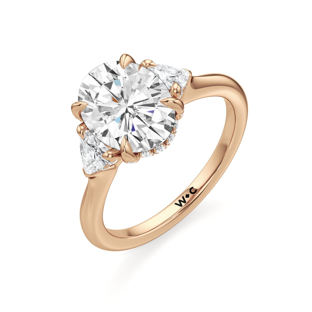 Elegance Trillion Side Stone Engagement Ring with Oval Cut Diamond in 14KT Rose Gold view 6
