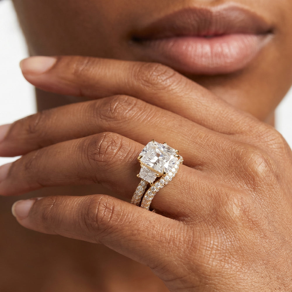 The Windsor Trapezoid Three Stone Diamond Wedding Band with Platinum Cut Diamond in 14KT Platinum view 4
