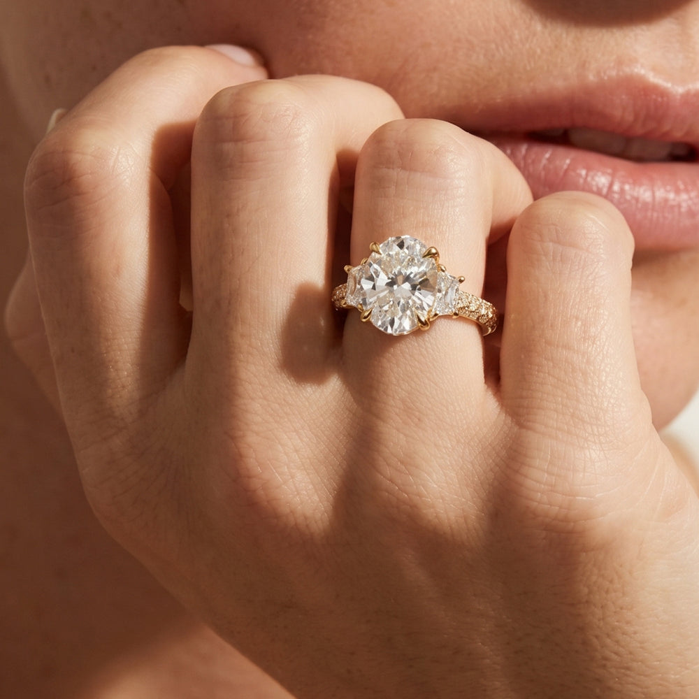 Elongated Cushion Cut The Windsor Trapezoid Three Stone Ring with Lab Grown Diamond in 14KT Yellow Gold view 3
