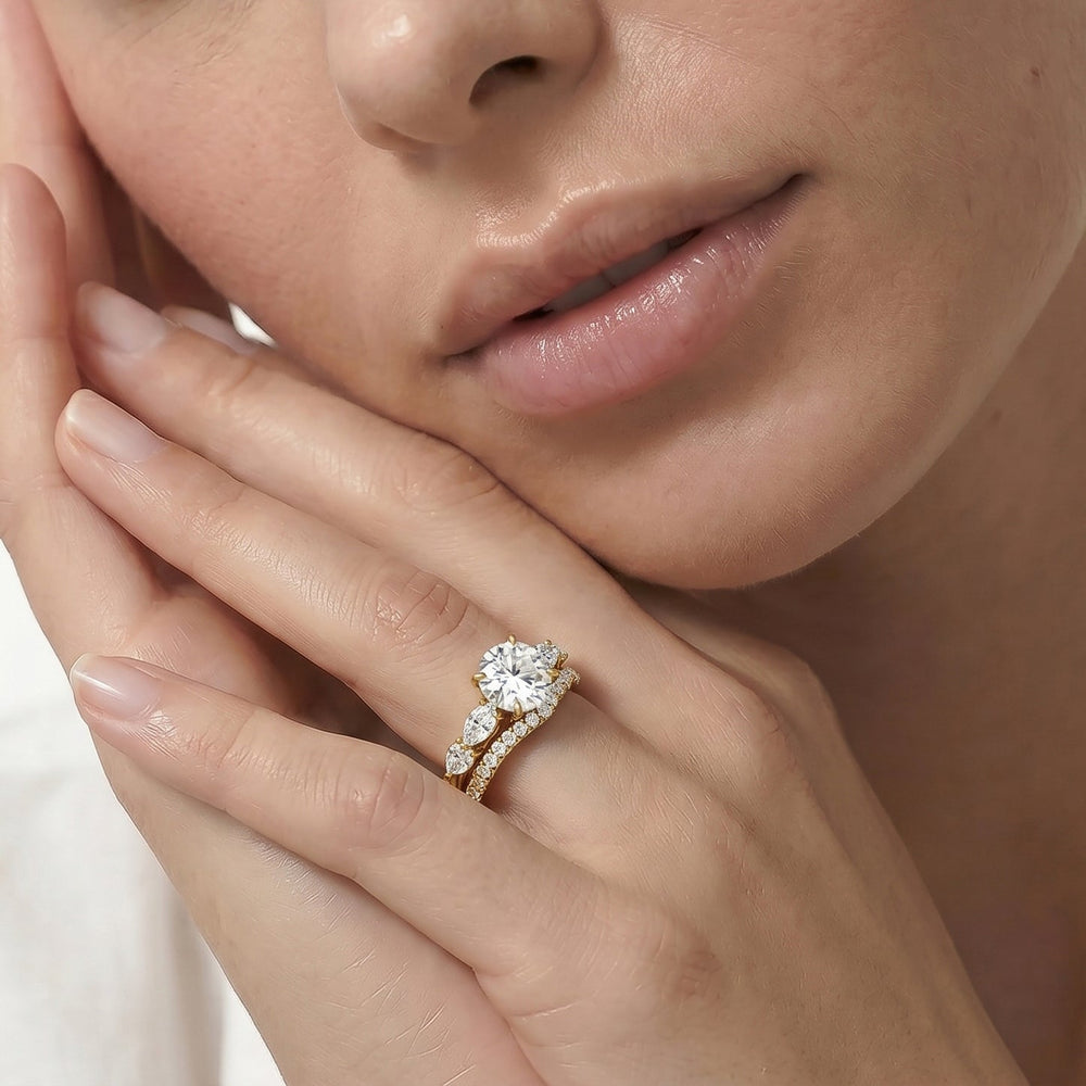 Trellis Pear Side Stone Diamond Wedding Band with Platinum Cut Diamond in 14KT Platinum view 3
